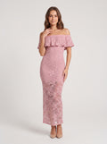 Dusty Rose Lace Sheath Off-the-Shoulder Back Zip Floor-Length Dress with Scalloped Lace