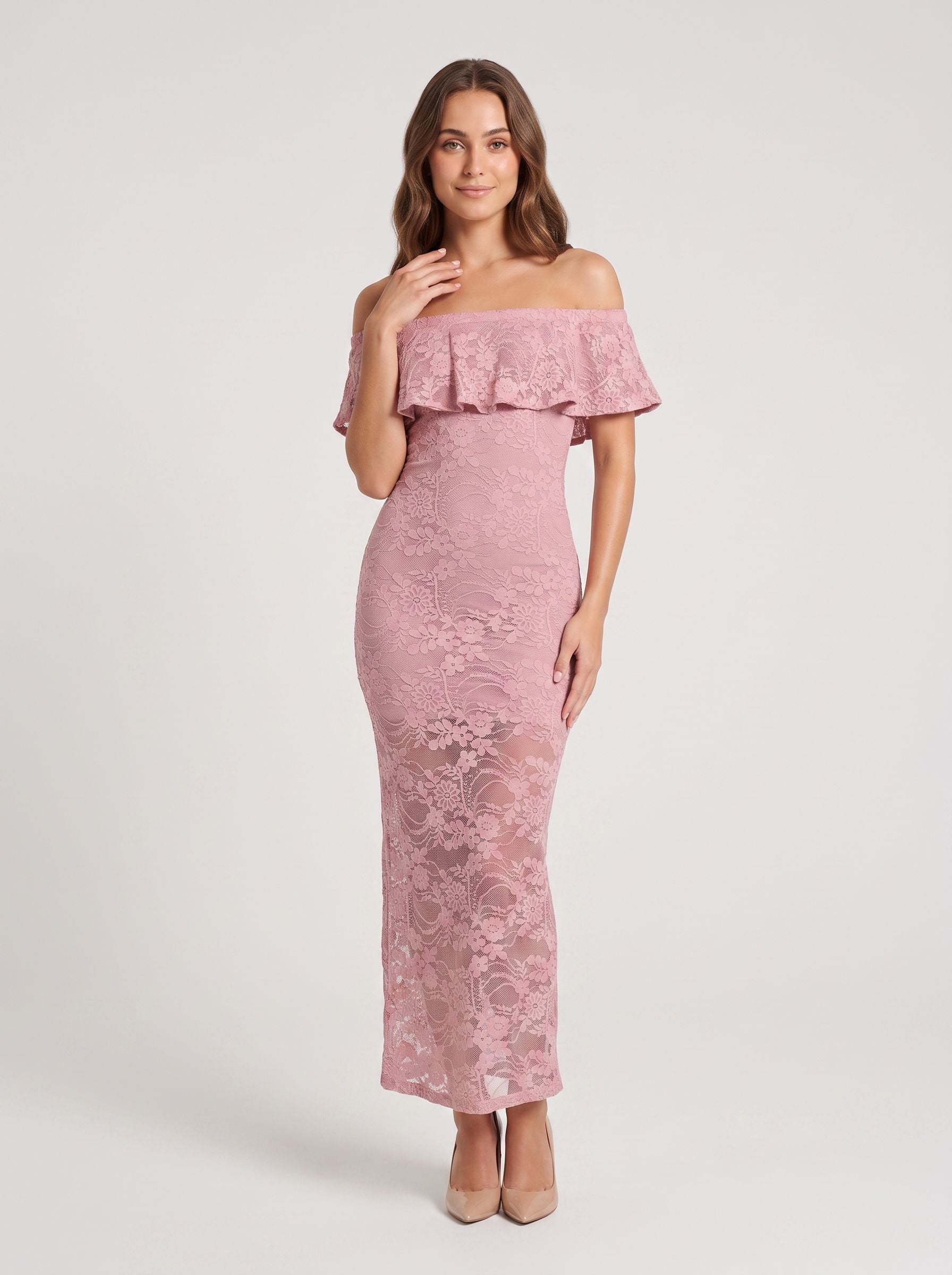 Dusty Rose Lace Sheath Off-the-Shoulder Back Zip Floor-Length Dress with Scalloped Lace