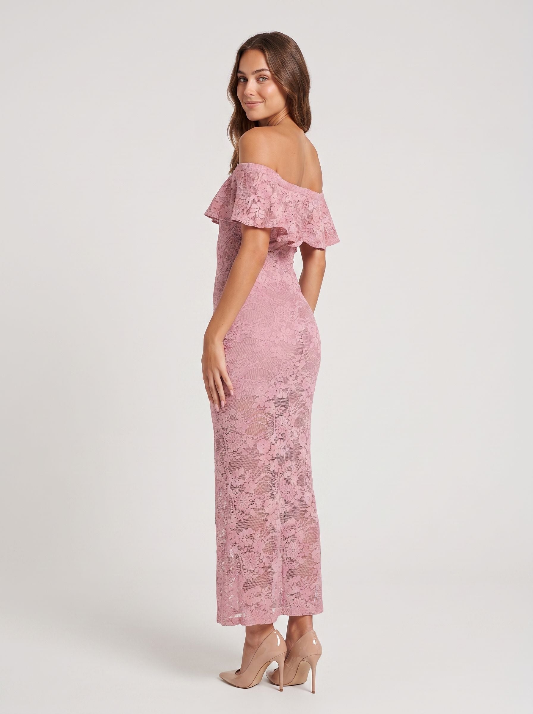 Dusty Rose Lace Sheath Off-the-Shoulder Back Zip Floor-Length Dress with Scalloped Lace