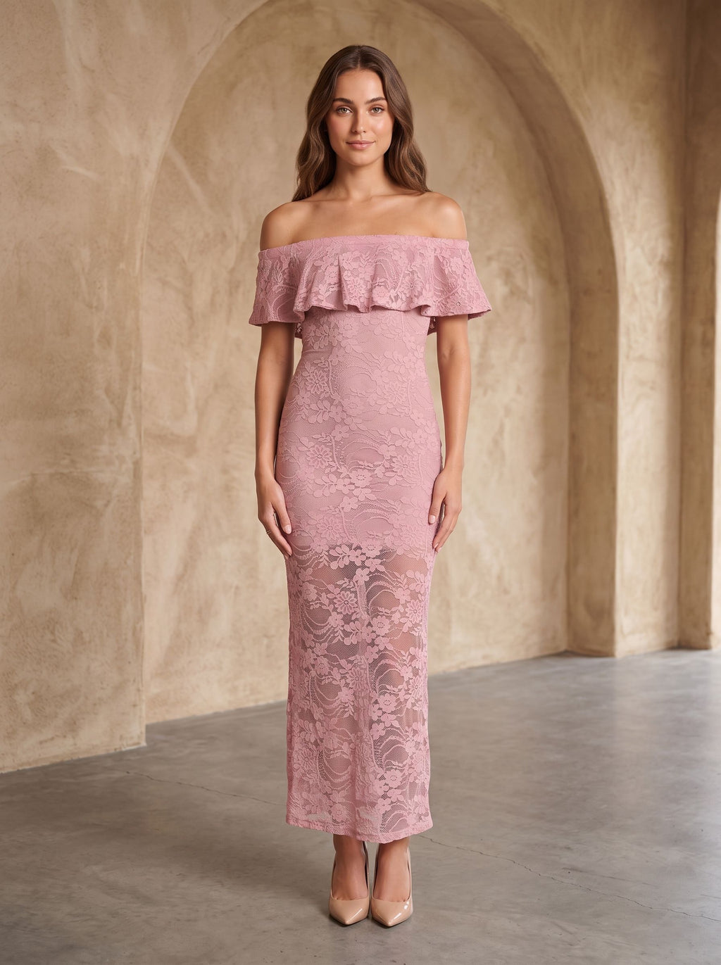 Dusty Rose Lace Sheath Off-the-Shoulder Back Zip Floor-Length Dress with Scalloped Lace