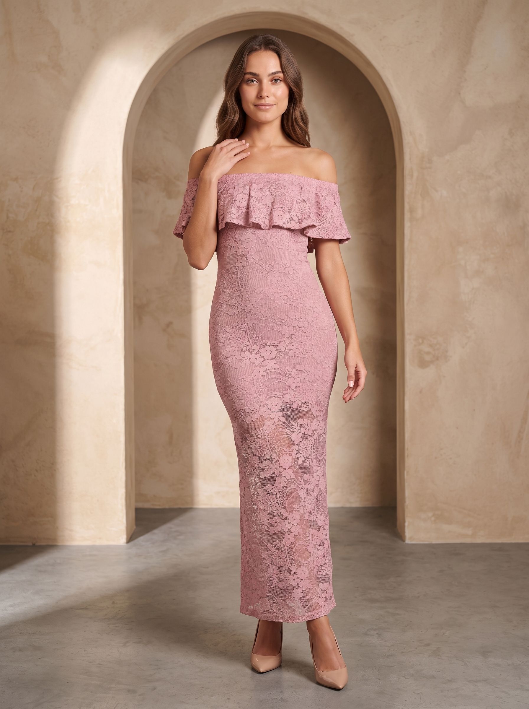 Dusty Rose Lace Sheath Off-the-Shoulder Back Zip Floor-Length Dress with Scalloped Lace