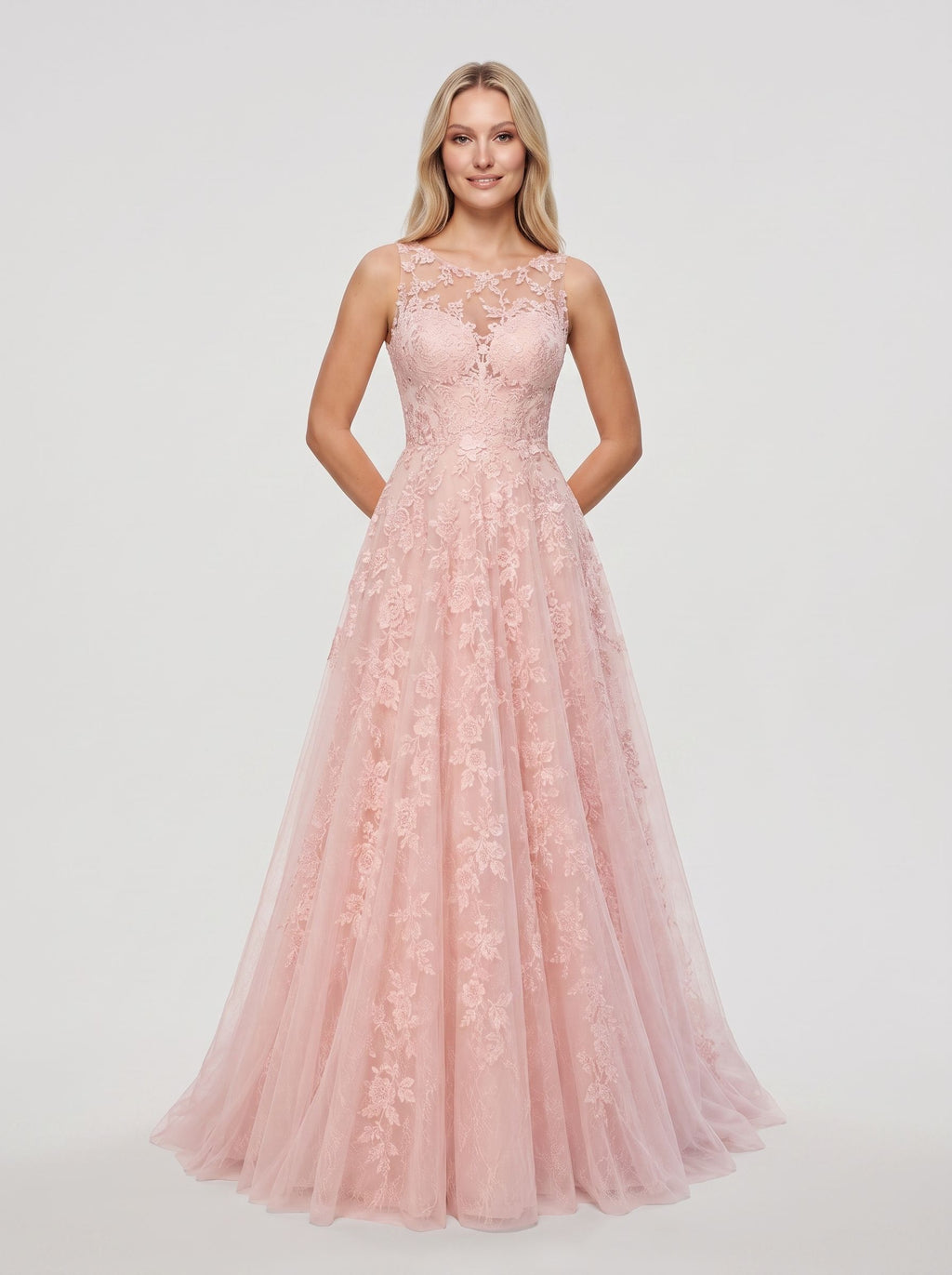 Blushing Pink Lace & Tulle A-Line Scoop Neck Illusion Floor-Length Dress with Sweep Train