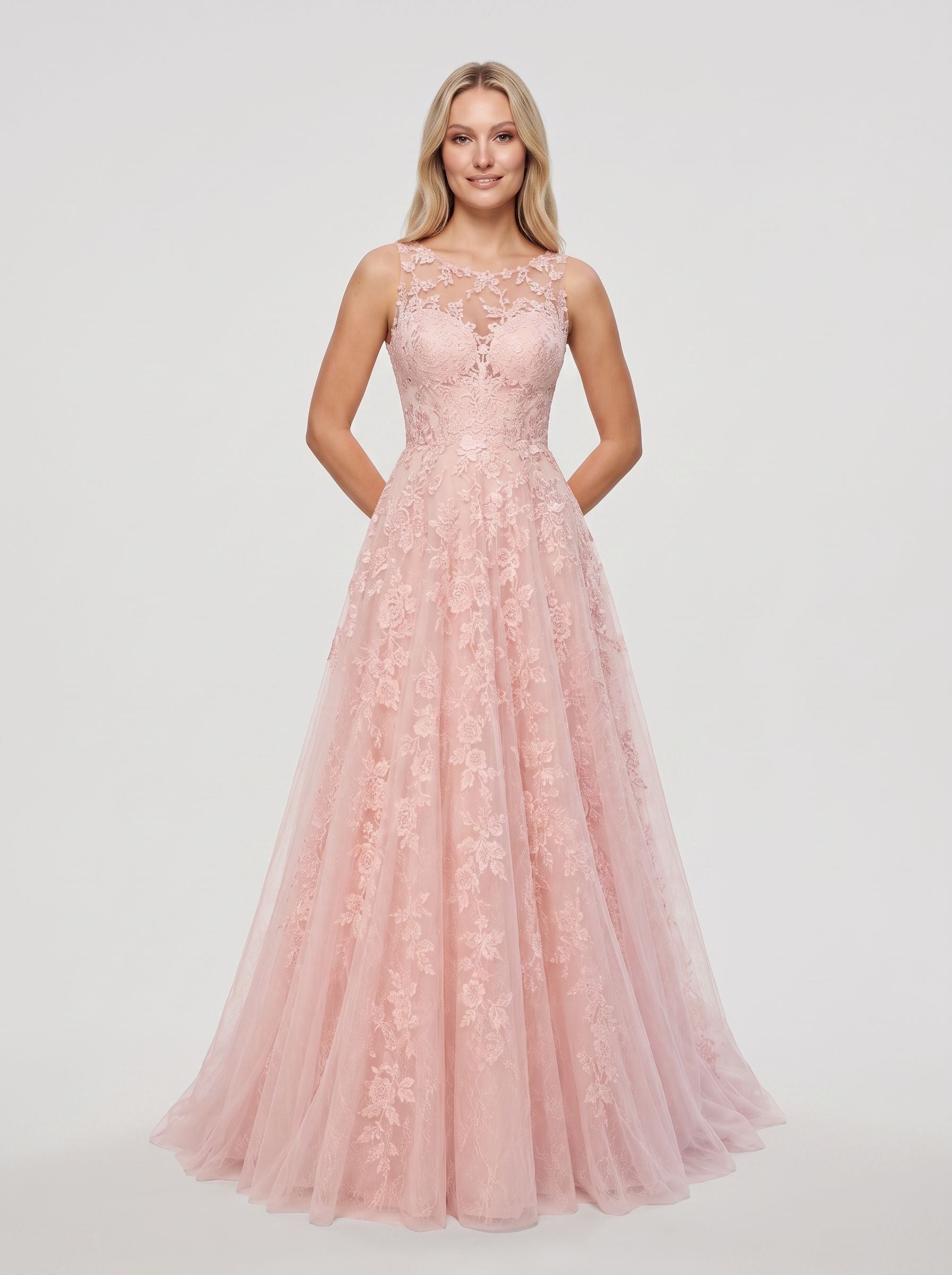 Blushing Pink Lace & Tulle A-Line Scoop Neck Illusion Floor-Length Dress with Sweep Train
