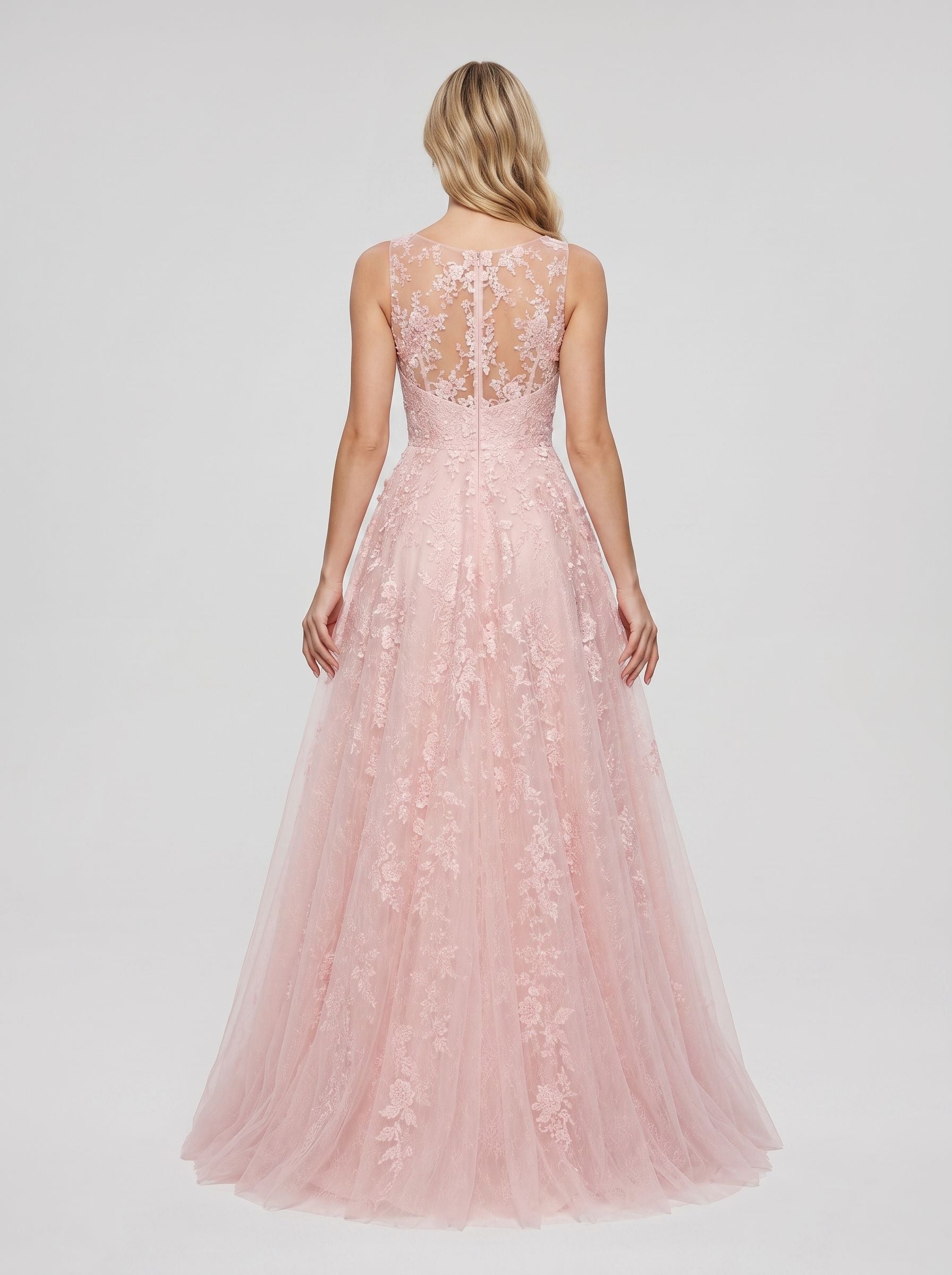 Blushing Pink Lace & Tulle A-Line Scoop Neck Illusion Floor-Length Dress with Sweep Train