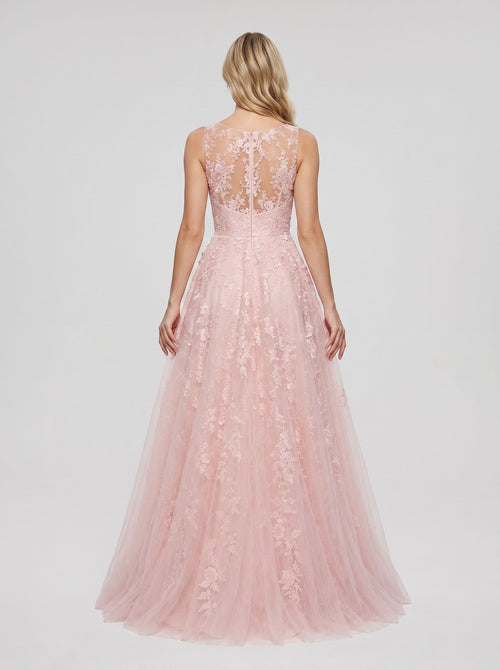 Blushing Pink Lace & Tulle A-Line Scoop Neck Illusion Floor-Length Dress with Sweep Train
