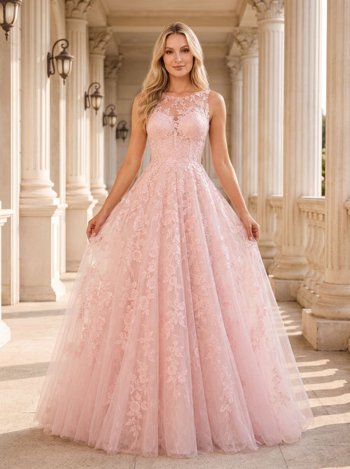 Blushing Pink Lace & Tulle A-Line Scoop Neck Illusion Floor-Length Dress with Sweep Train