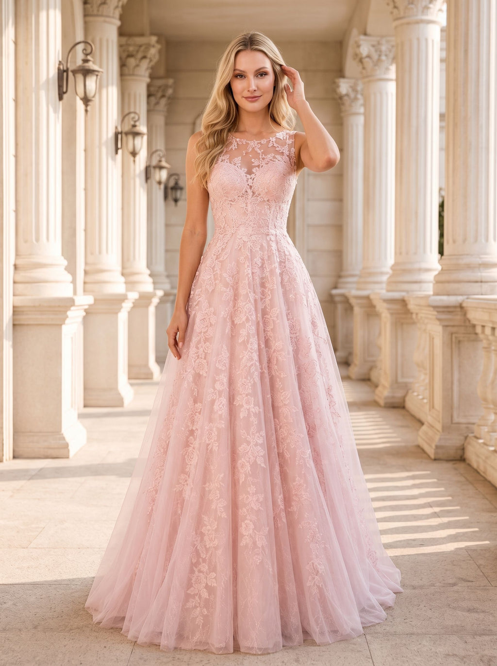 Blushing Pink Lace & Tulle A-Line Scoop Neck Illusion Floor-Length Dress with Sweep Train