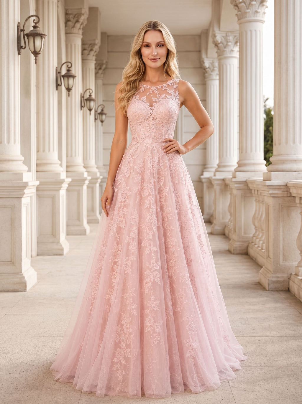 Blushing Pink Lace & Tulle A-Line Scoop Neck Illusion Floor-Length Dress with Sweep Train