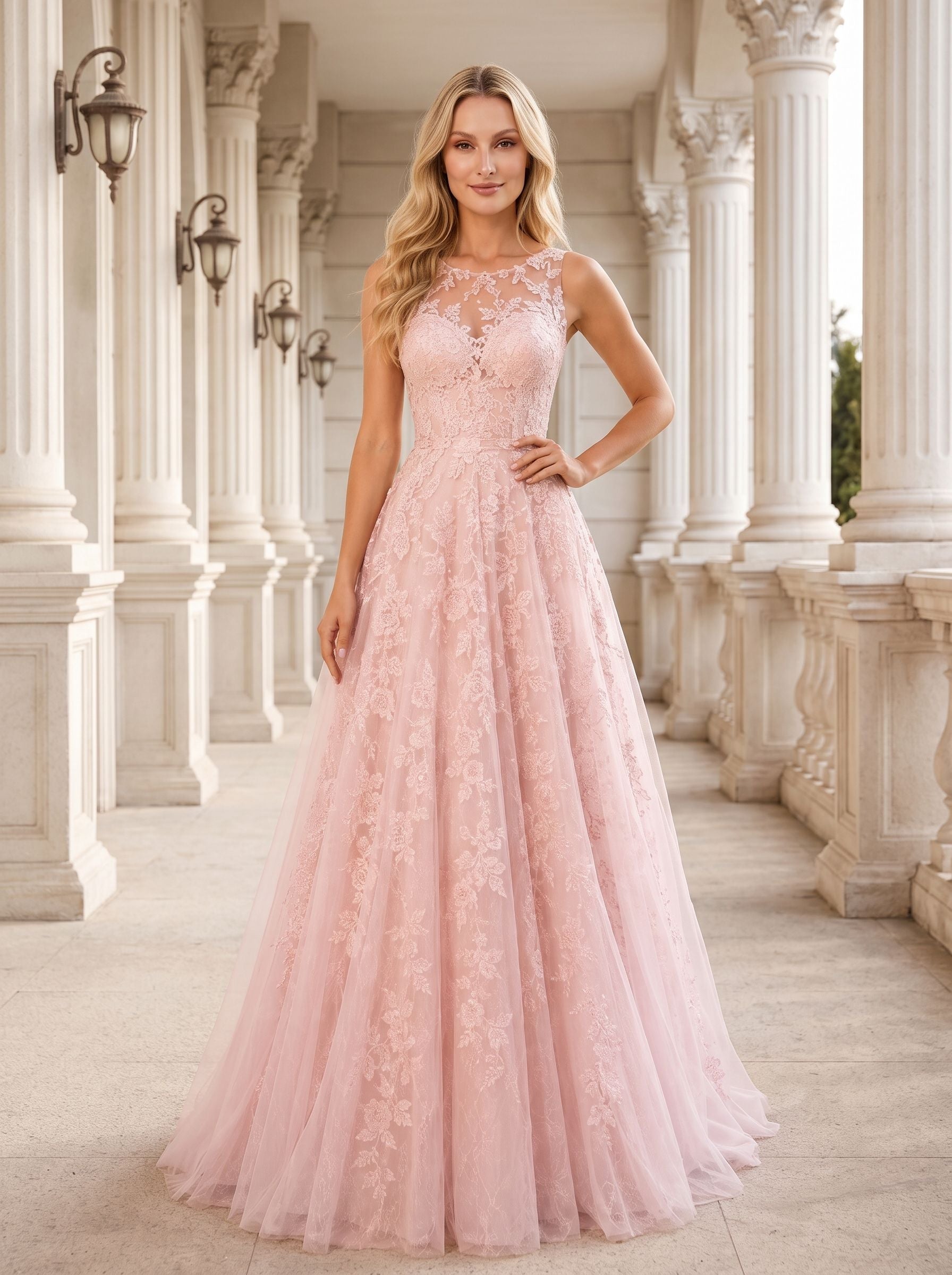 Blushing Pink Lace & Tulle A-Line Scoop Neck Illusion Floor-Length Dress with Sweep Train
