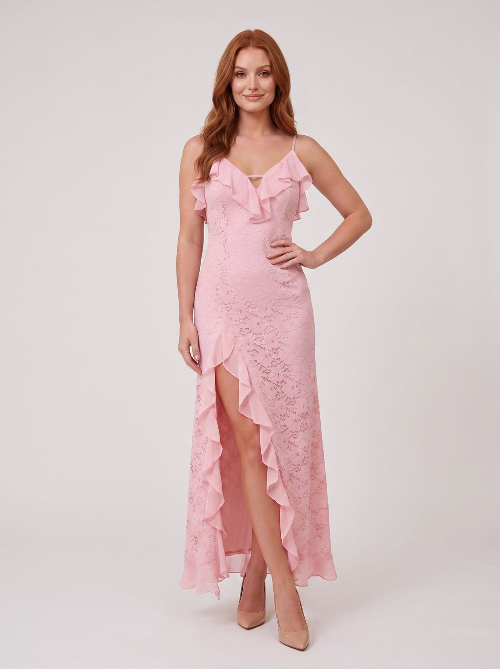 Blushing Pink Lace Column V-Neck Back Zip Floor-Length Dress with Ruffle Detail and Front Split