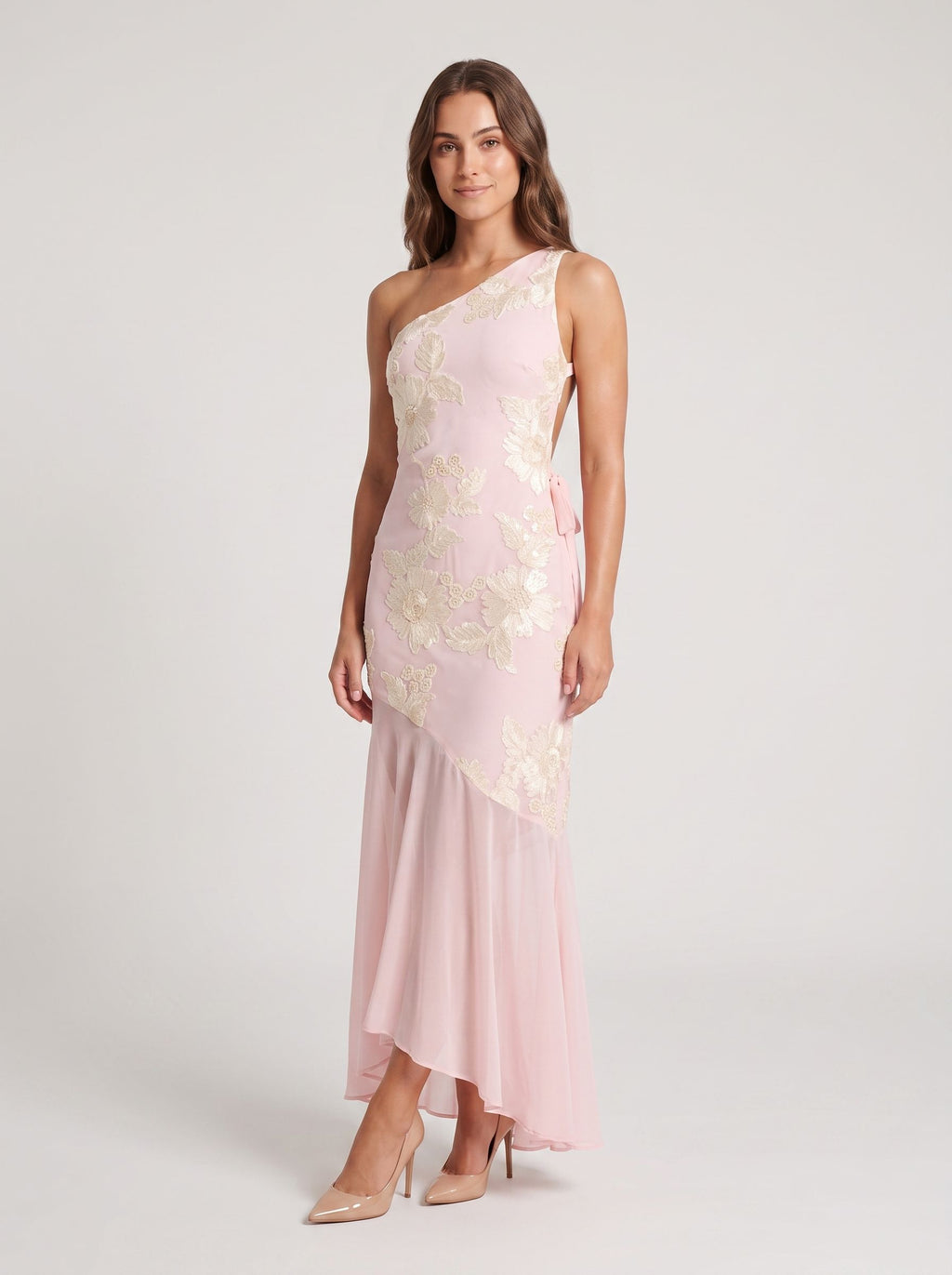 Blushing Pink Jacquard  Sheath One Shoulder Backless Floor-Length Dress with Sheer Hem