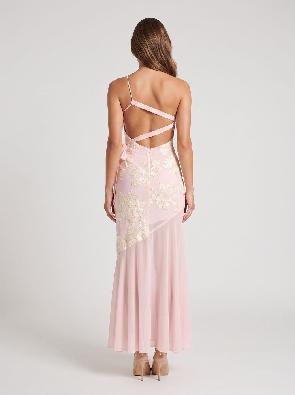 Blushing Pink Jacquard  Sheath One Shoulder Backless Floor-Length Dress with Sheer Hem