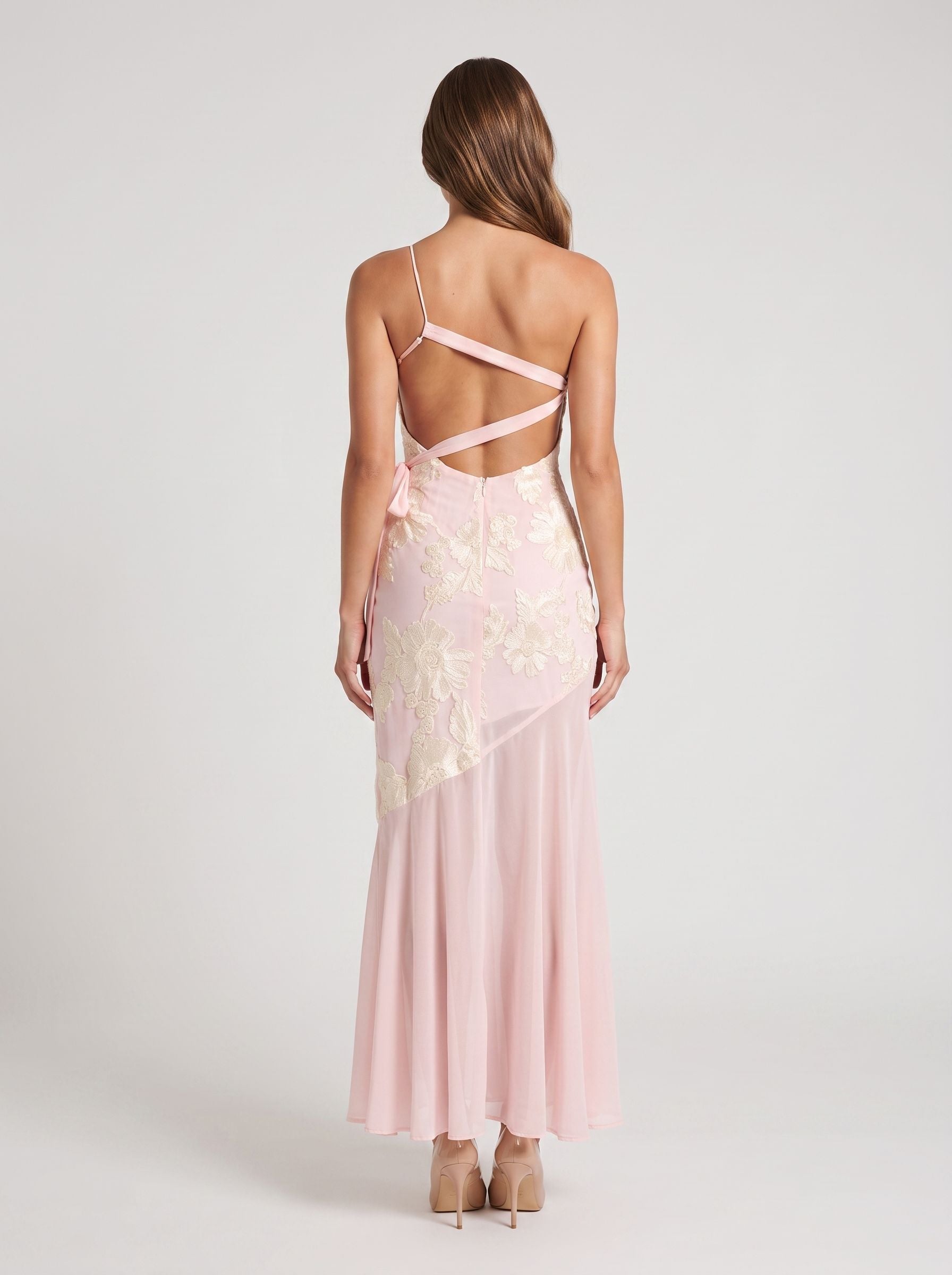 Blushing Pink Jacquard  Sheath One Shoulder Backless Floor-Length Dress with Sheer Hem