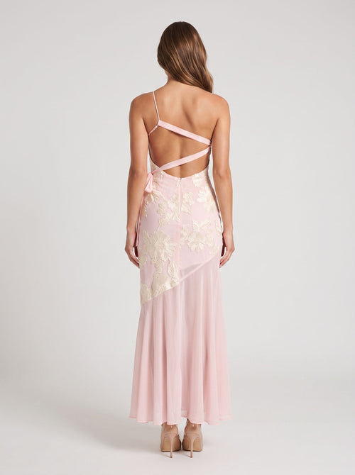 Blushing Pink Jacquard  Sheath One Shoulder Backless Floor-Length Dress with Sheer Hem