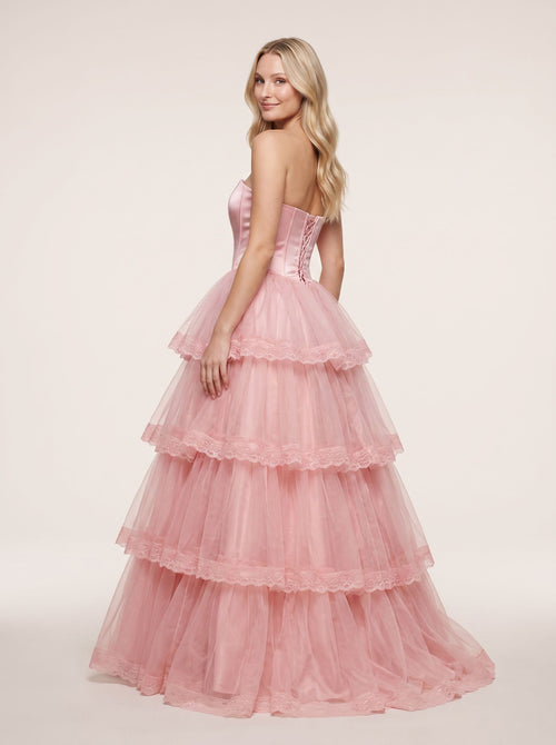 Blush Pink Tulle A-Line Sweetheart Corset Back Floor-Length Dress with Tiered Ruffle Skirt