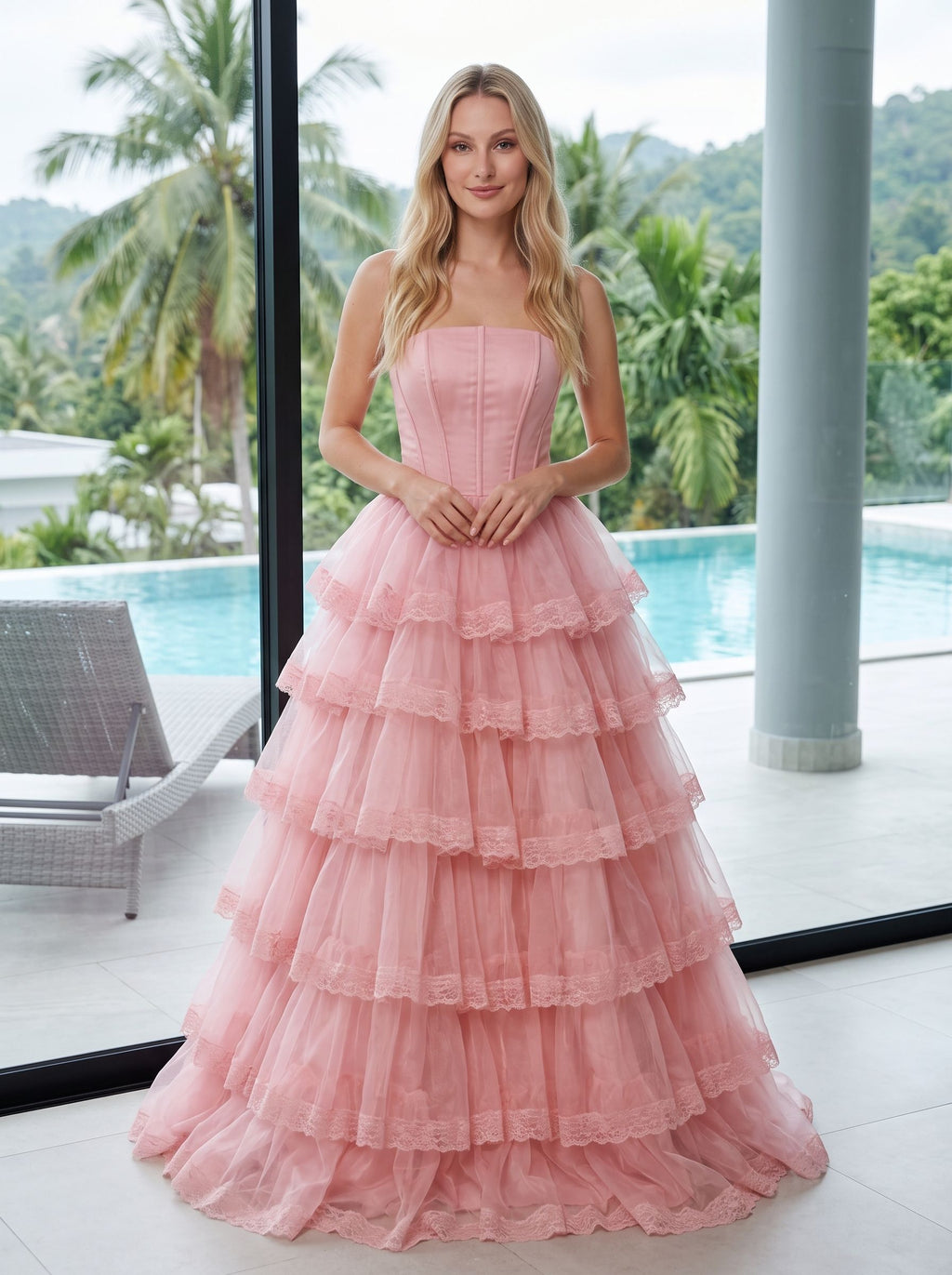 Blush Pink Tulle A-Line Sweetheart Corset Back Floor-Length Dress with Tiered Ruffle Skirt
