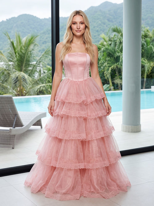 Blush Pink Tulle A-Line Sweetheart Corset Back Floor-Length Dress with Tiered Ruffle Skirt