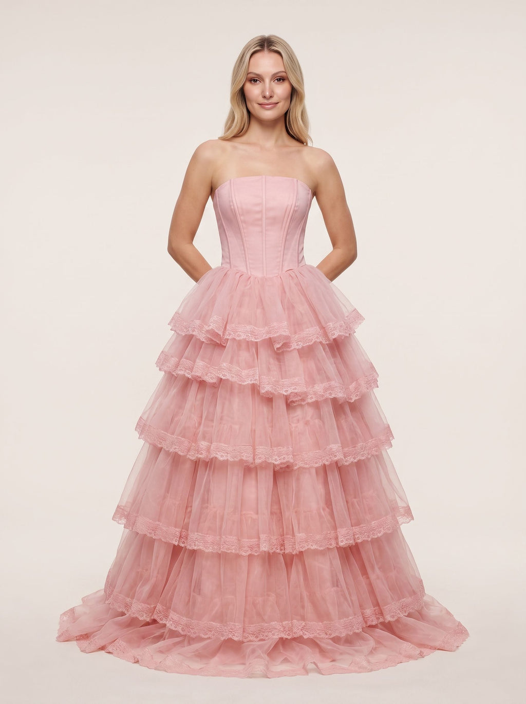 Blush Pink Tulle A-Line Sweetheart Corset Back Floor-Length Dress with Tiered Ruffle Skirt