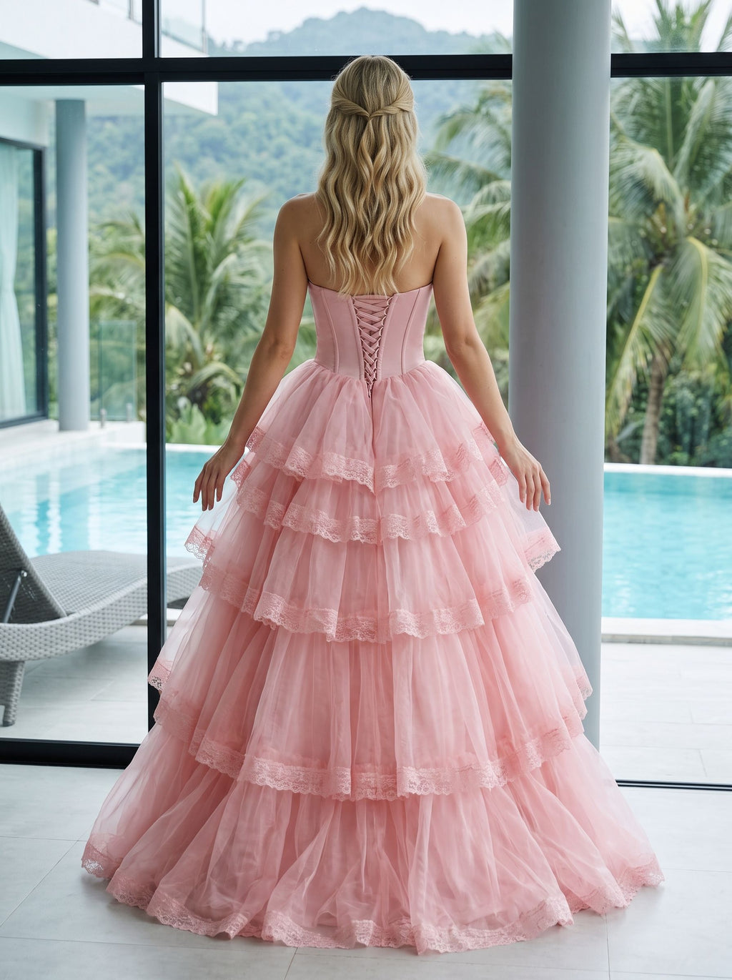 Blush Pink Tulle A-Line Sweetheart Corset Back Floor-Length Dress with Tiered Ruffle Skirt
