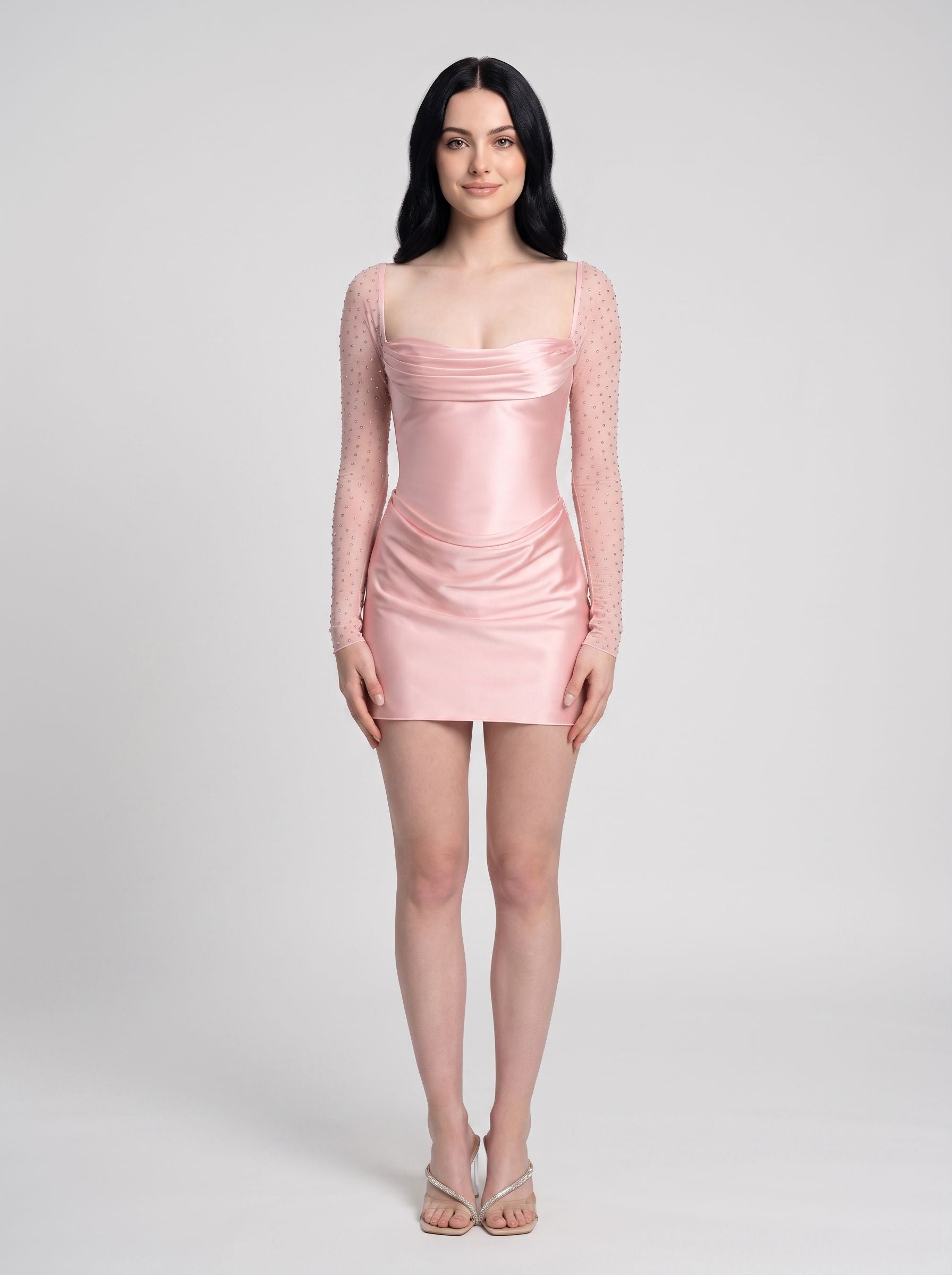 Petal Satin Jersey A-Line Cowl Neck Back Zip Mini Dress with Embellished Mesh Sleeves