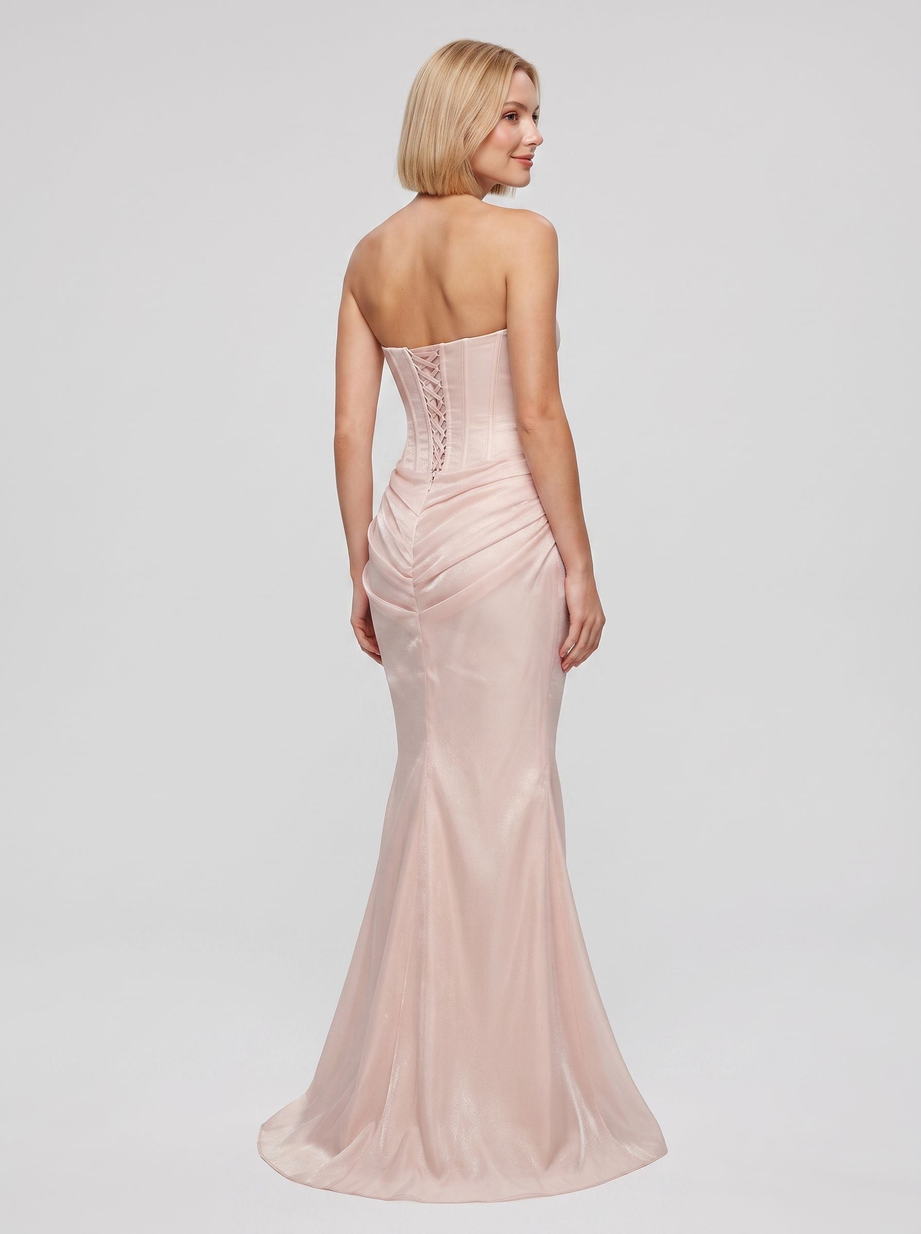 Blush Pink Satin column Straight Neck Corset Back Midi Dress with Strapless corset bodice