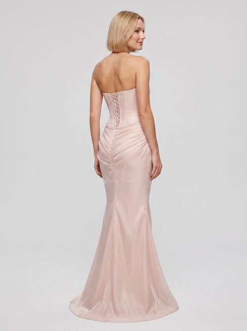 Blush Pink Satin column Straight Neck Corset Back Midi Dress with Strapless corset bodice