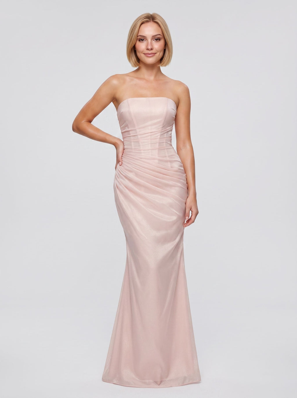 Blush Pink Satin column Straight Neck Corset Back Midi Dress with Strapless corset bodice