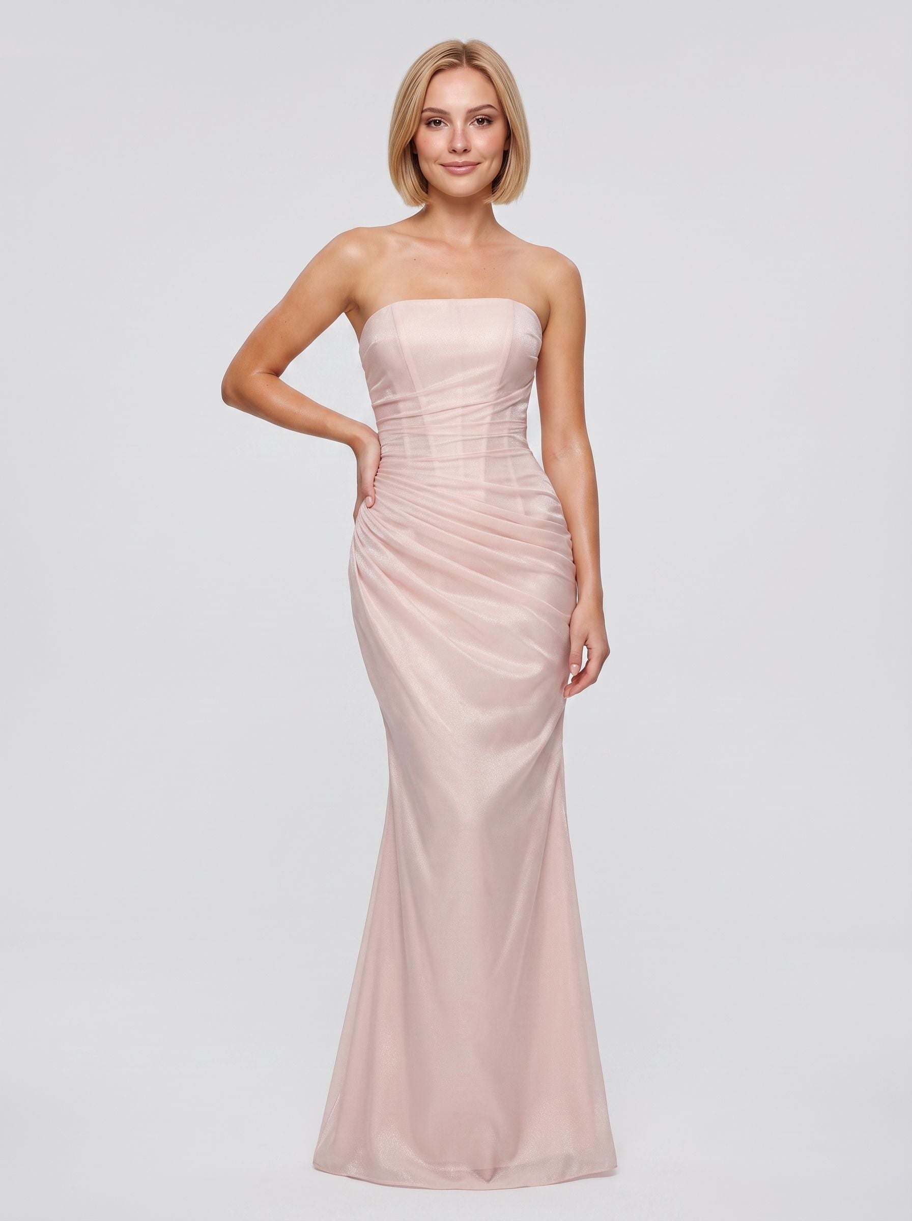 Blush Pink Satin column Straight Neck Corset Back Midi Dress with Strapless corset bodice
