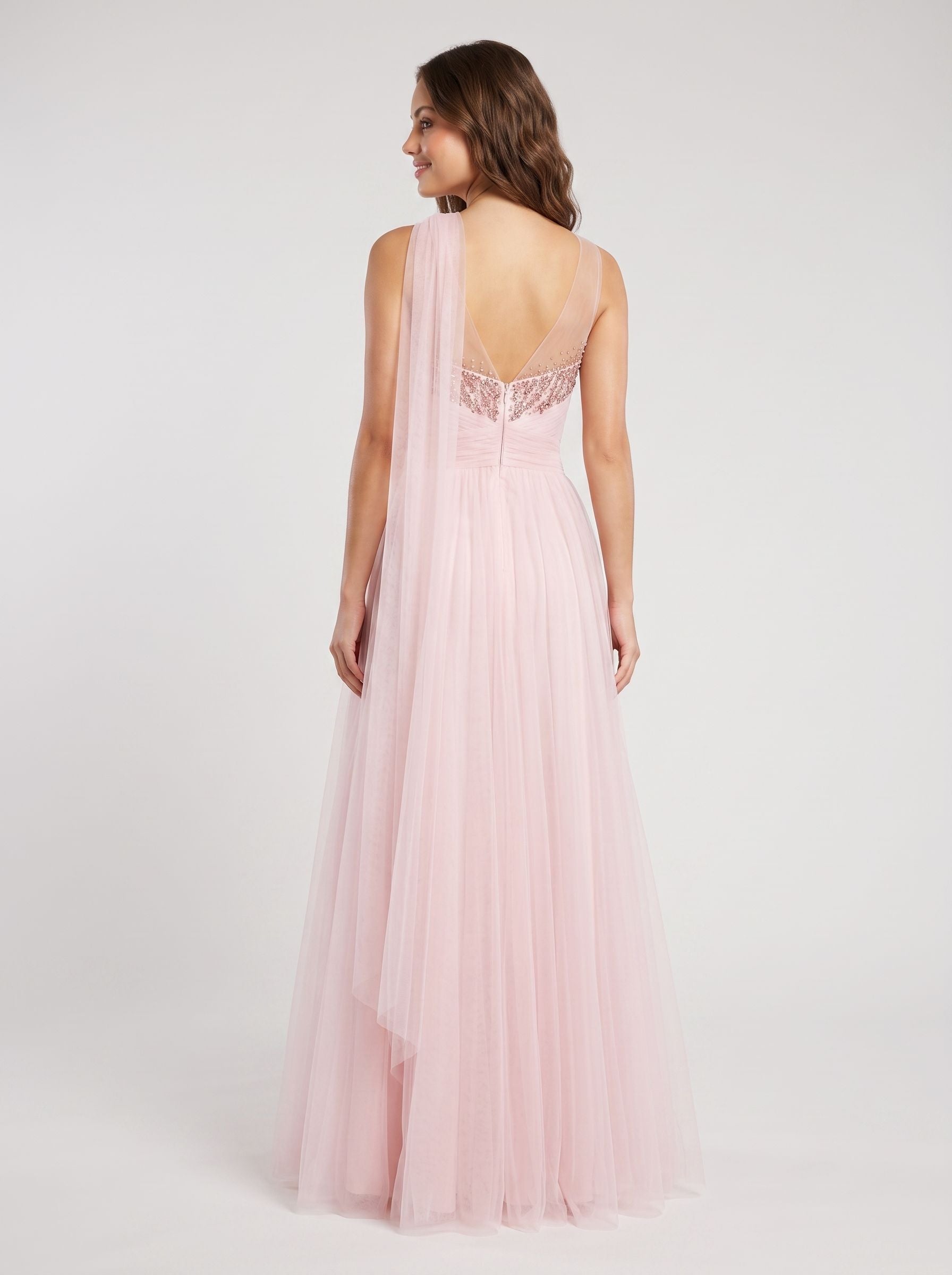 Blush Pink Tulle A-Line Sweetheart Back Zip Floor-Length Dress with Pleated Bodice