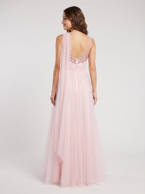 Blush Pink Tulle A-Line Sweetheart Back Zip Floor-Length Dress with Pleated Bodice