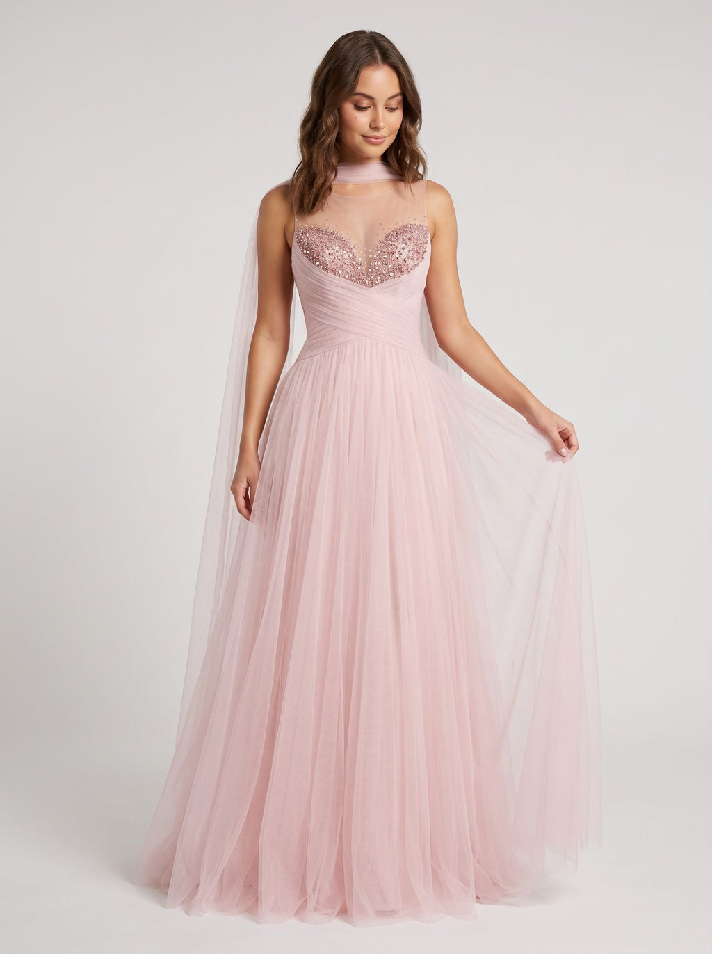 Blush Pink Tulle A-Line Sweetheart Back Zip Floor-Length Dress with Pleated Bodice