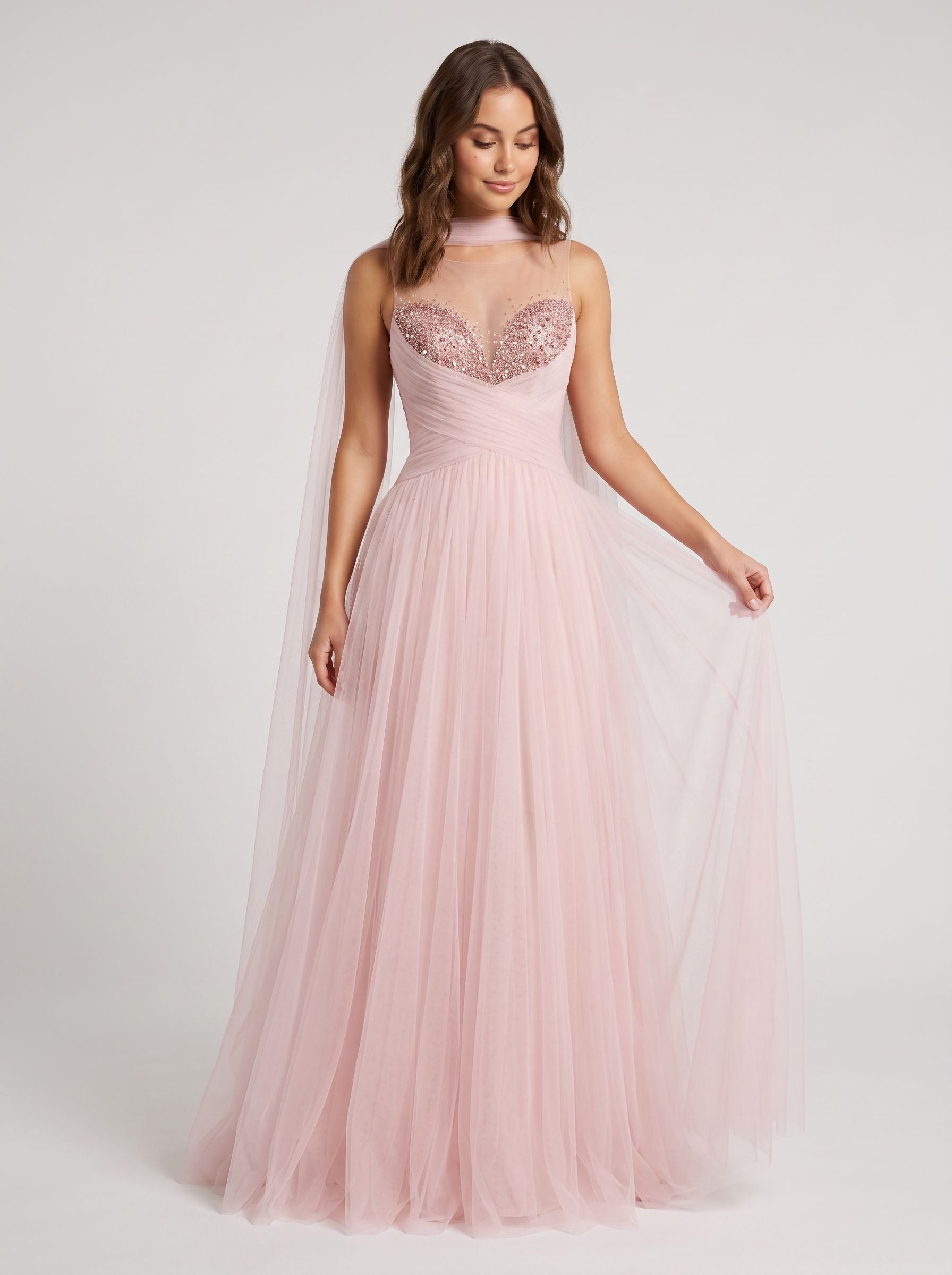 Blush Pink Tulle A-Line Sweetheart Back Zip Floor-Length Dress with Pleated Bodice