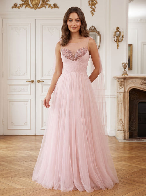 Blush Pink Tulle A-Line Sweetheart Back Zip Floor-Length Dress with Pleated Bodice