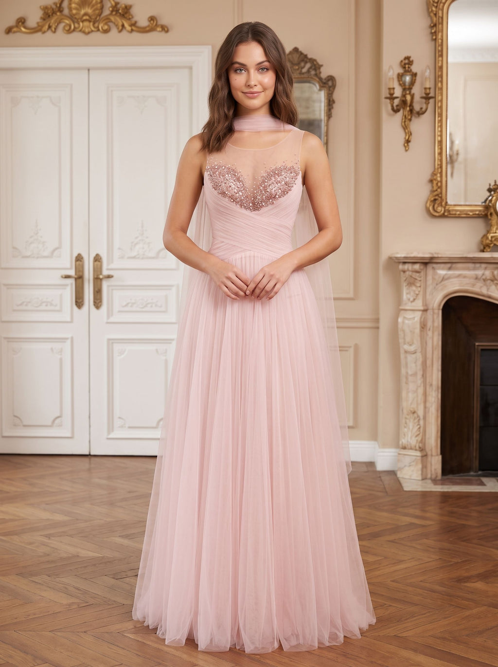 Blush Pink Tulle A-Line Sweetheart Back Zip Floor-Length Dress with Pleated Bodice