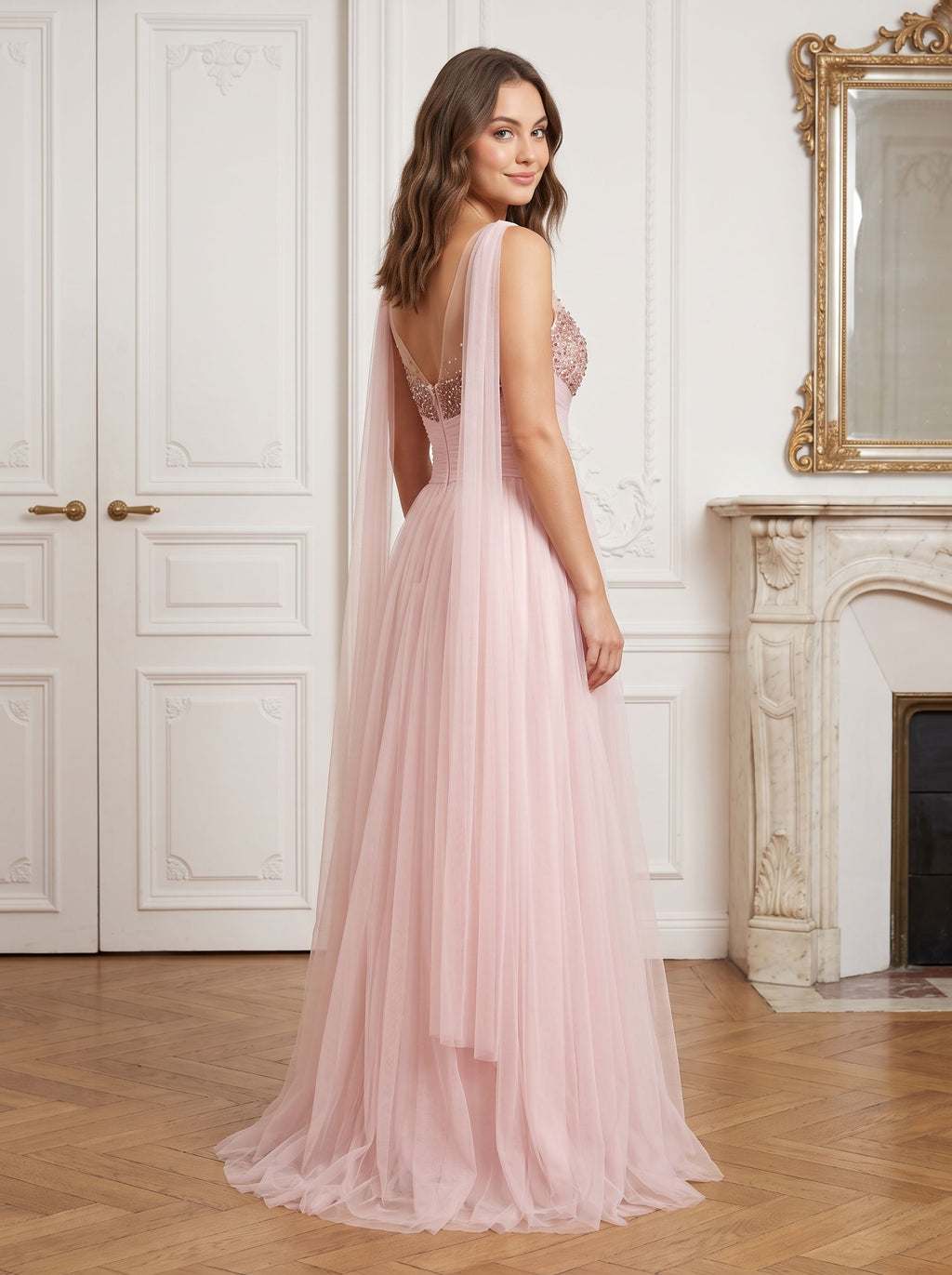 Blush Pink Tulle A-Line Sweetheart Back Zip Floor-Length Dress with Pleated Bodice