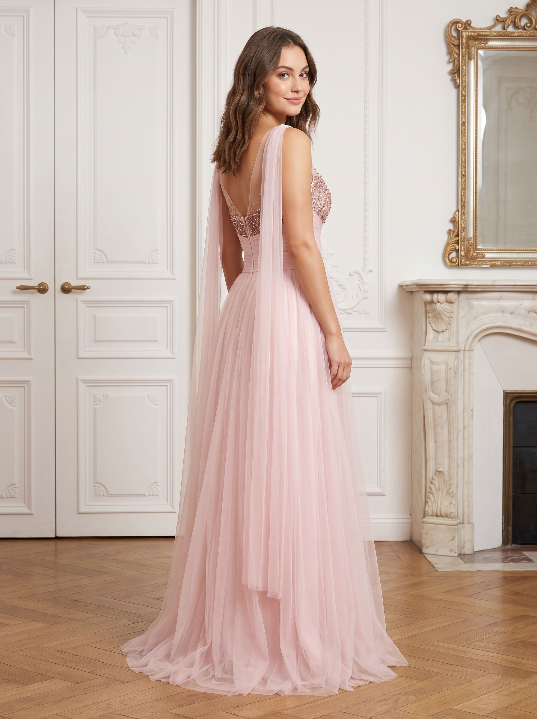 Blush Pink Tulle A-Line Sweetheart Back Zip Floor-Length Dress with Pleated Bodice