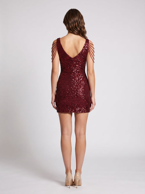 Burgundy Sequins Sheath V-Neck Back Zip Short Dress with Pleated Bodice and Flared Skirt