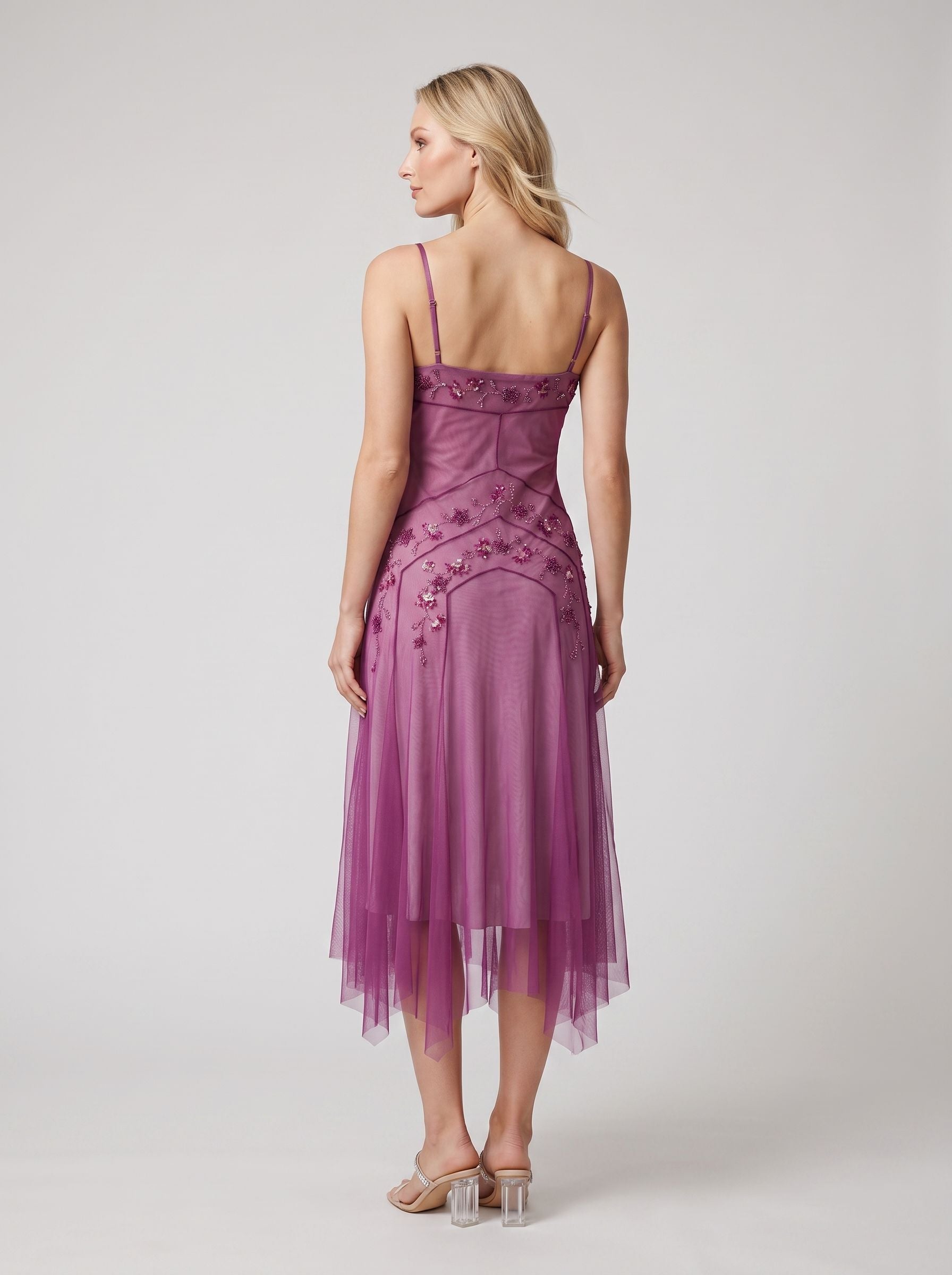 Purple Tulle A-Line Sweetheart Corset Back Midi Dress with Beaded bodice