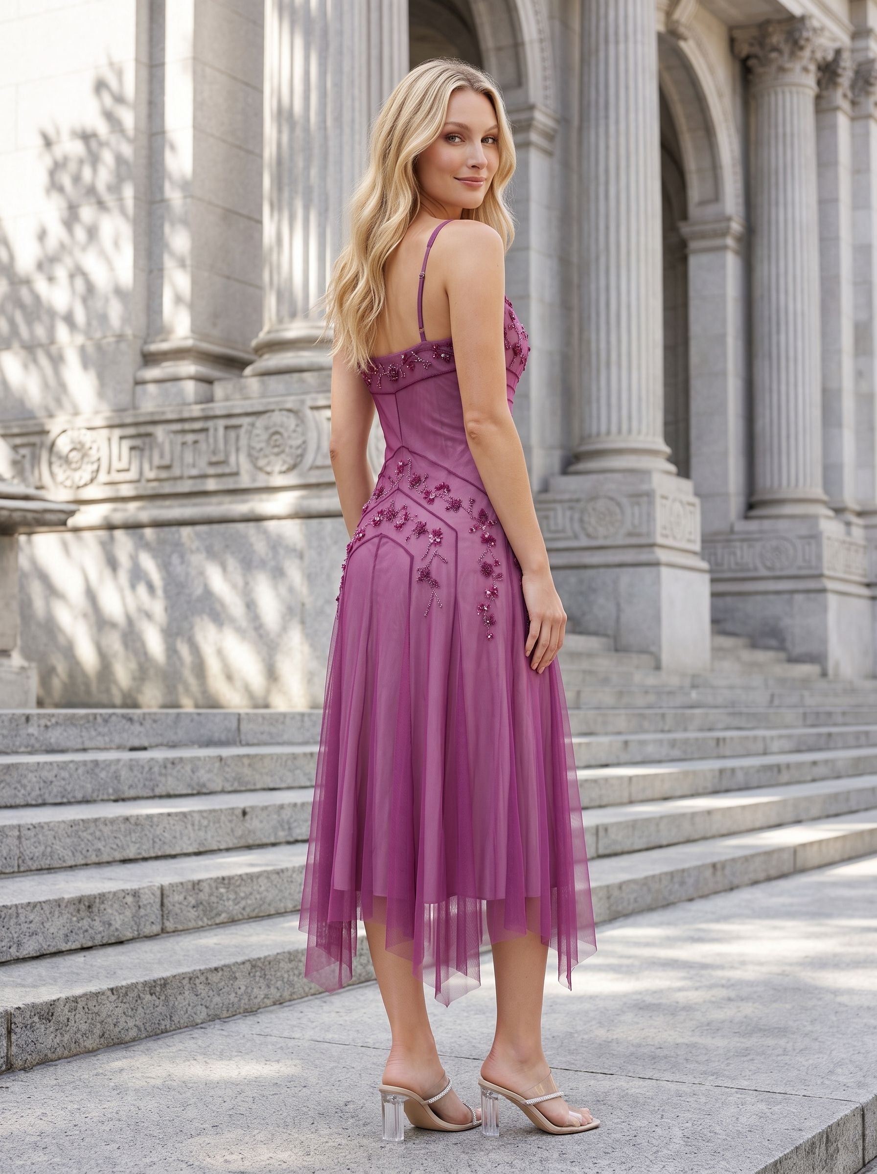 Purple Tulle A-Line Sweetheart Corset Back Midi Dress with Beaded bodice