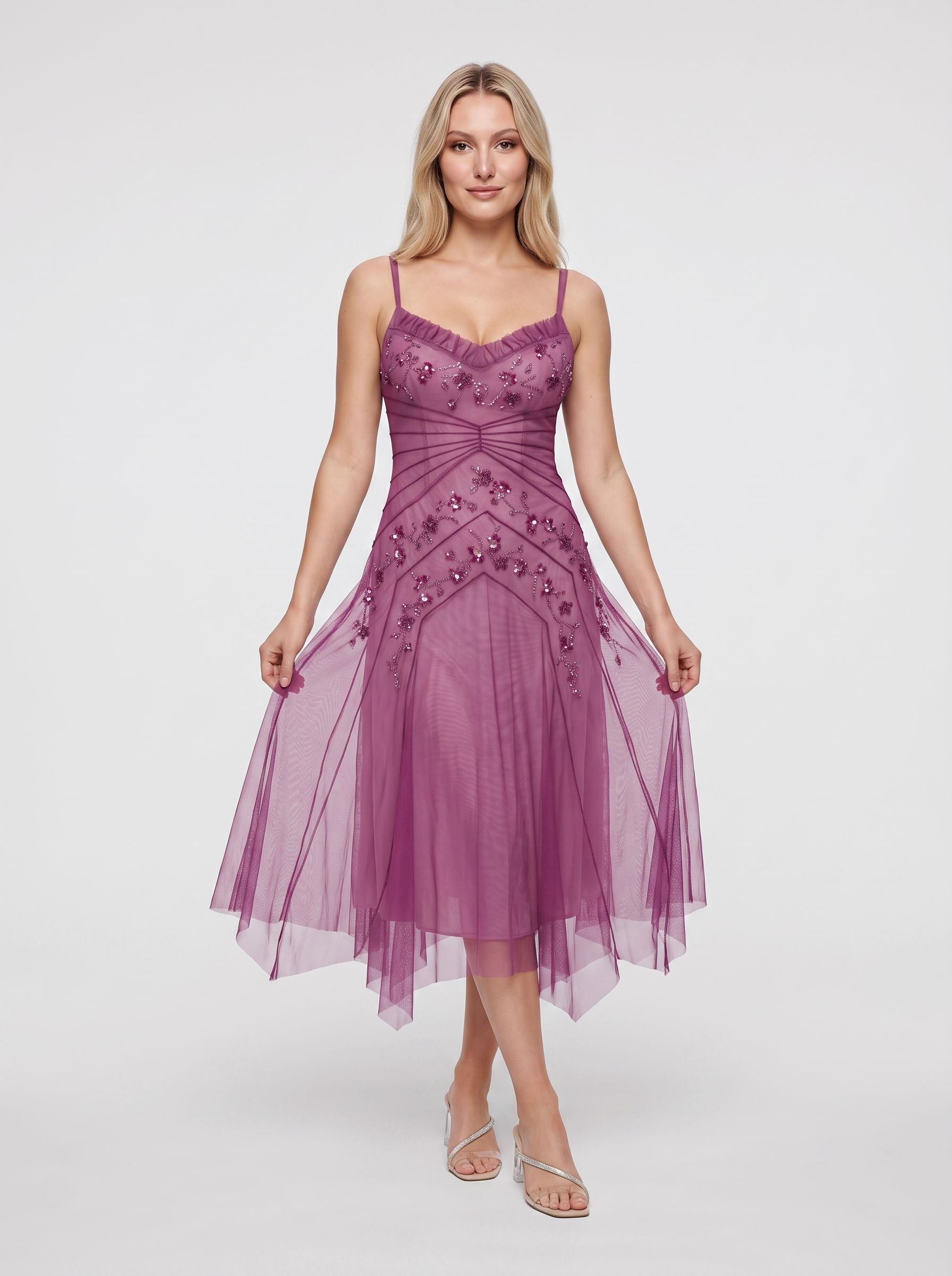 Purple Tulle A-Line Sweetheart Corset Back Midi Dress with Beaded bodice