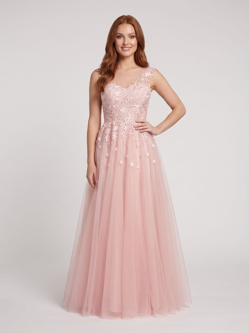 Blushing Pink Tulle A-Line V-Neck Illusion Floor-Length Dress with Lace Applique and Sheer Straps