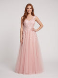 Blushing Pink Tulle A-Line V-Neck Illusion Floor-Length Dress with Lace Applique and Sheer Straps