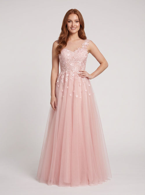 Blushing Pink Tulle A-Line V-Neck Illusion Floor-Length Dress with Lace Applique and Sheer Straps