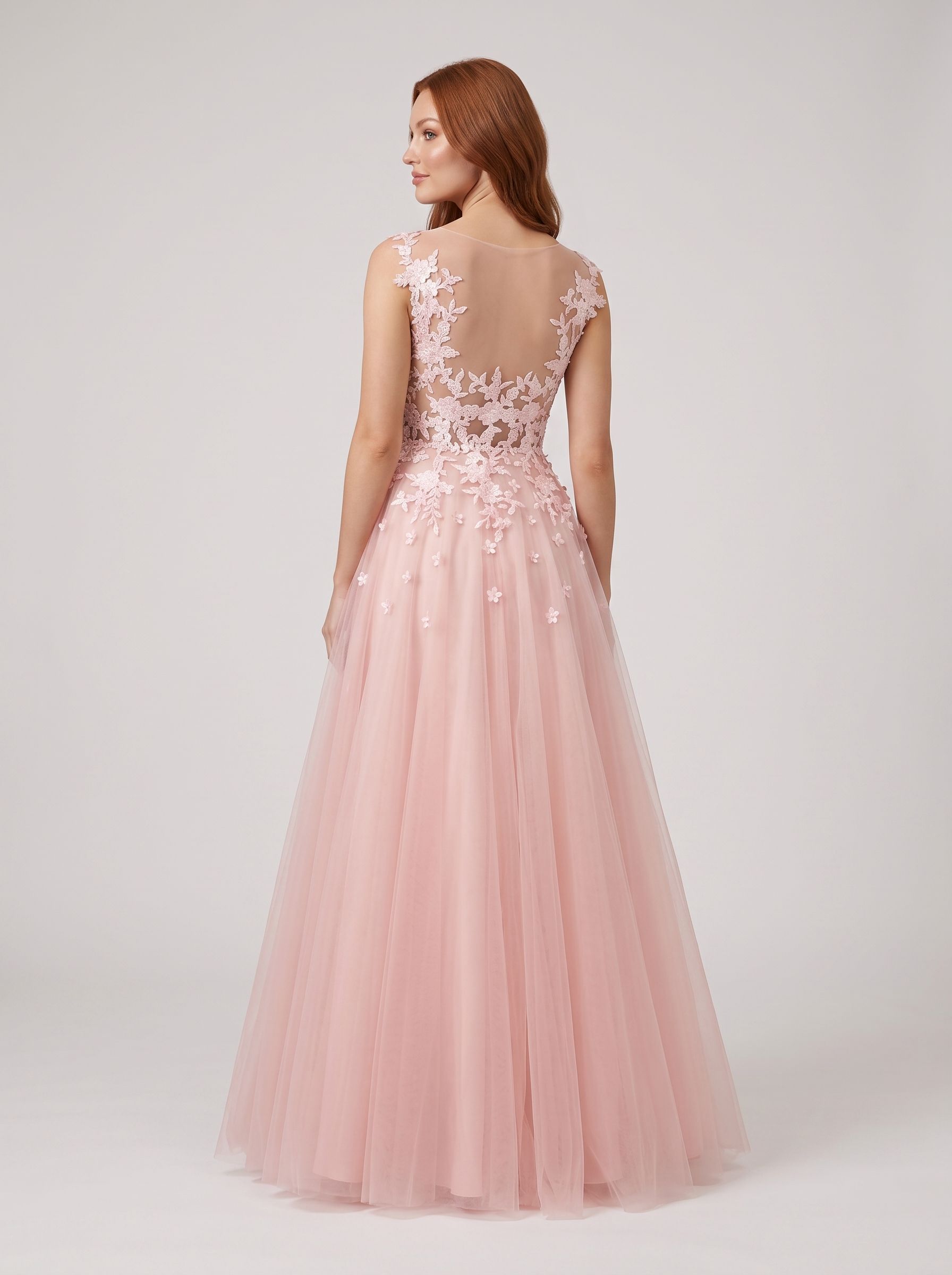 Blushing Pink Tulle A-Line V-Neck Illusion Floor-Length Dress with Lace Applique and Sheer Straps
