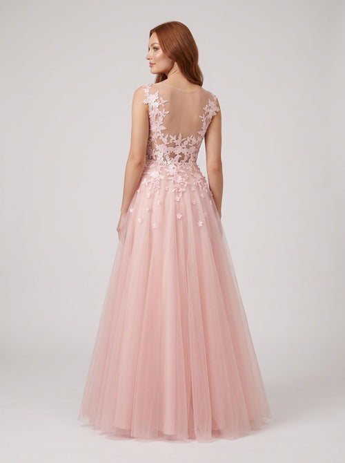 Blushing Pink Tulle A-Line V-Neck Illusion Floor-Length Dress with Lace Applique and Sheer Straps