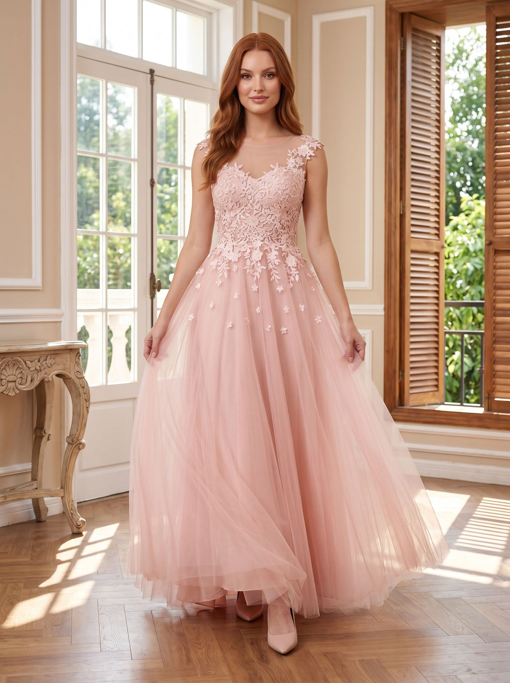 Blushing Pink Tulle A-Line V-Neck Illusion Floor-Length Dress with Lace Applique and Sheer Straps