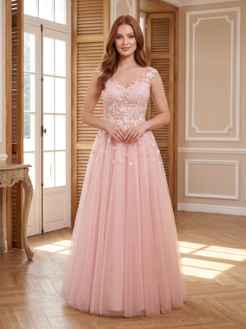 Blushing Pink Tulle A-Line V-Neck Illusion Floor-Length Dress with Lace Applique and Sheer Straps