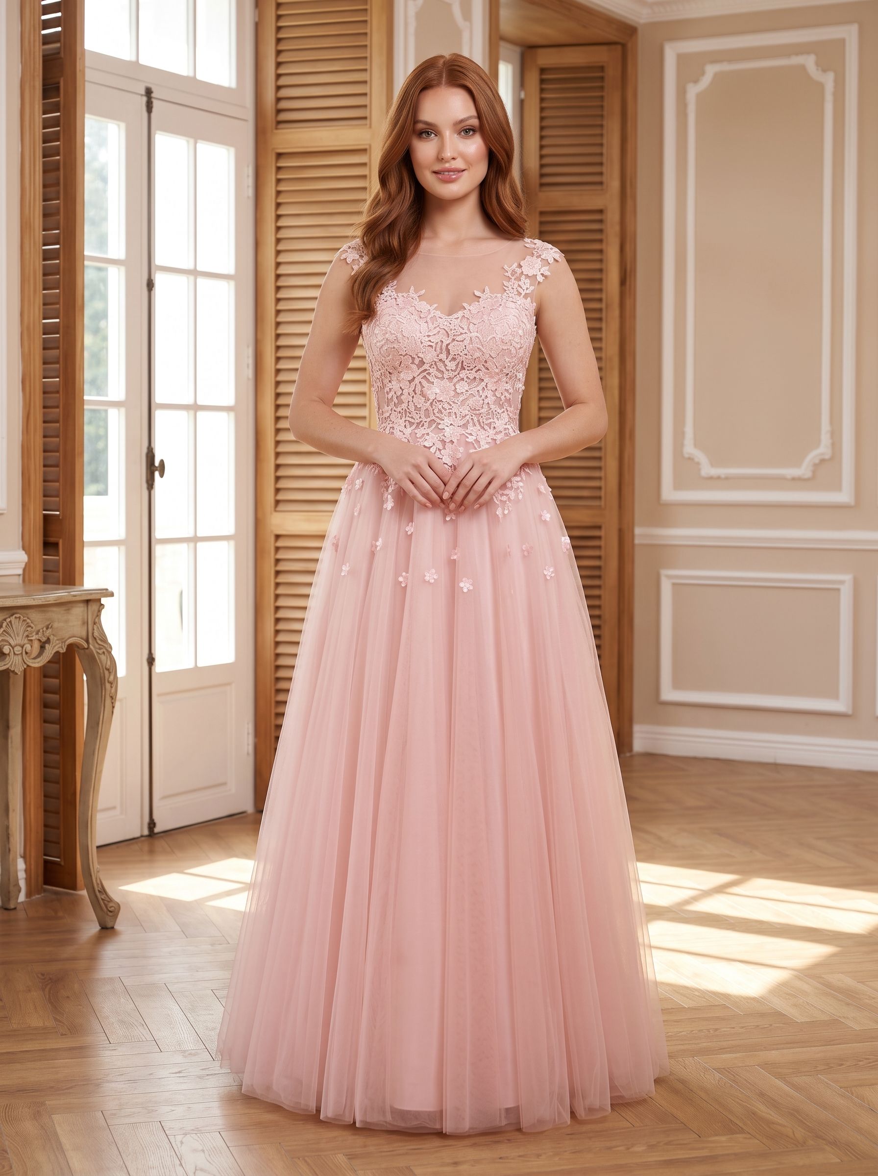 Blushing Pink Tulle A-Line V-Neck Illusion Floor-Length Dress with Lace Applique and Sheer Straps
