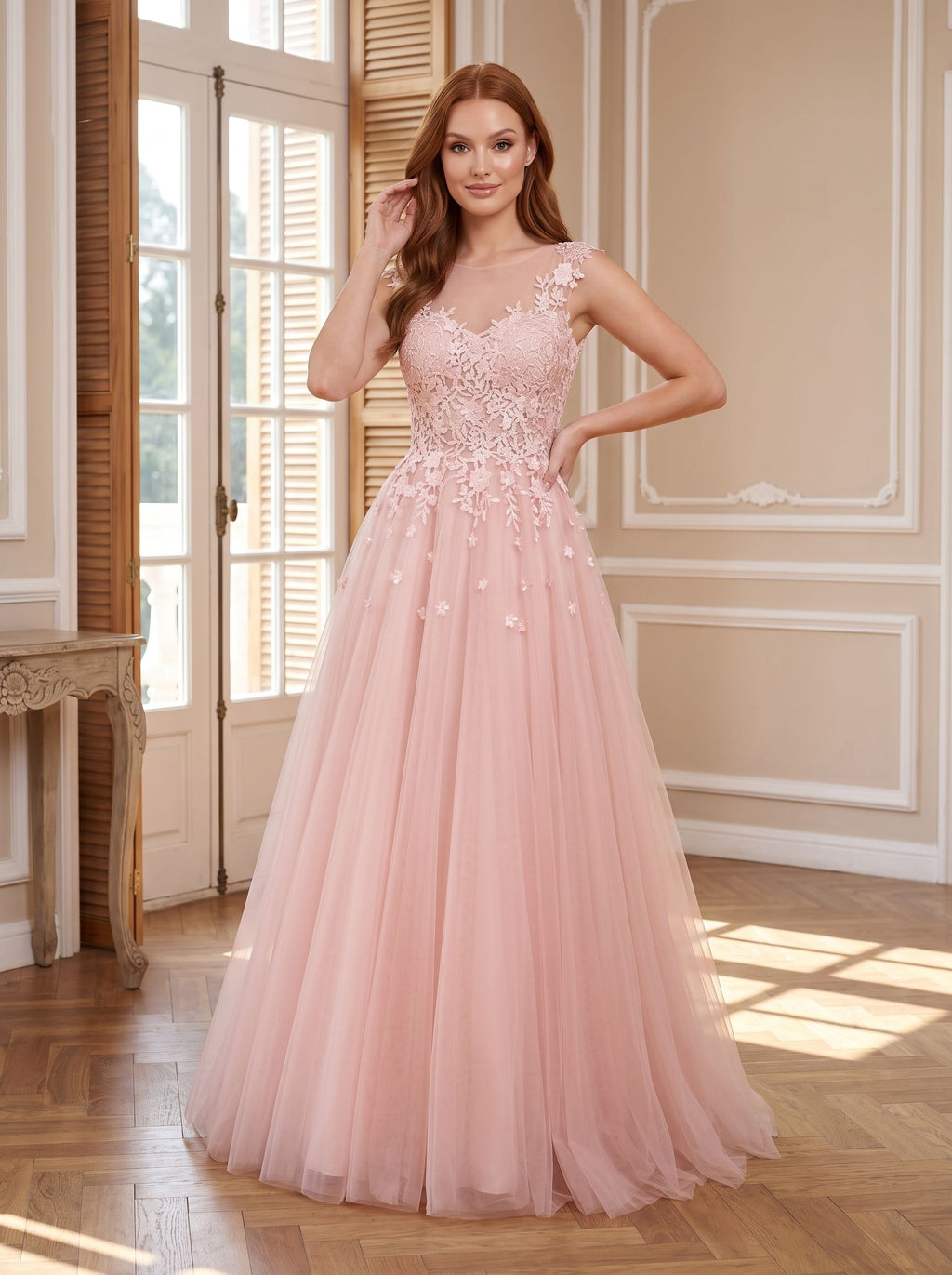 Blushing Pink Tulle A-Line V-Neck Illusion Floor-Length Dress with Lace Applique and Sheer Straps