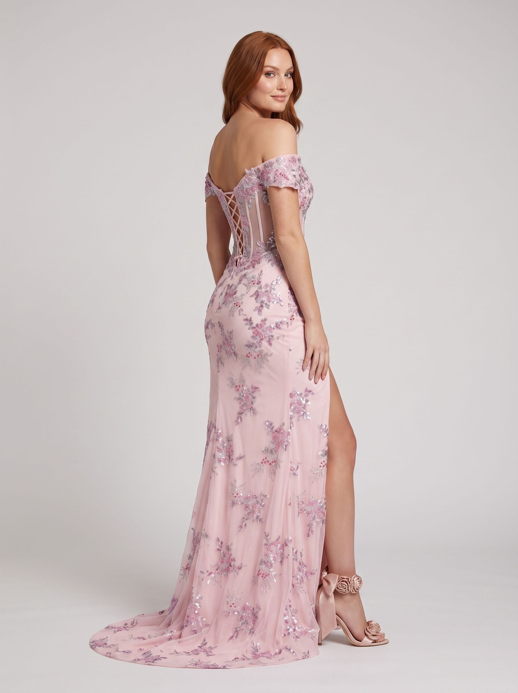 Blush Pink Tulle column Off-the-Shoulder Corset Back Floor-Length Dress with Side Slit